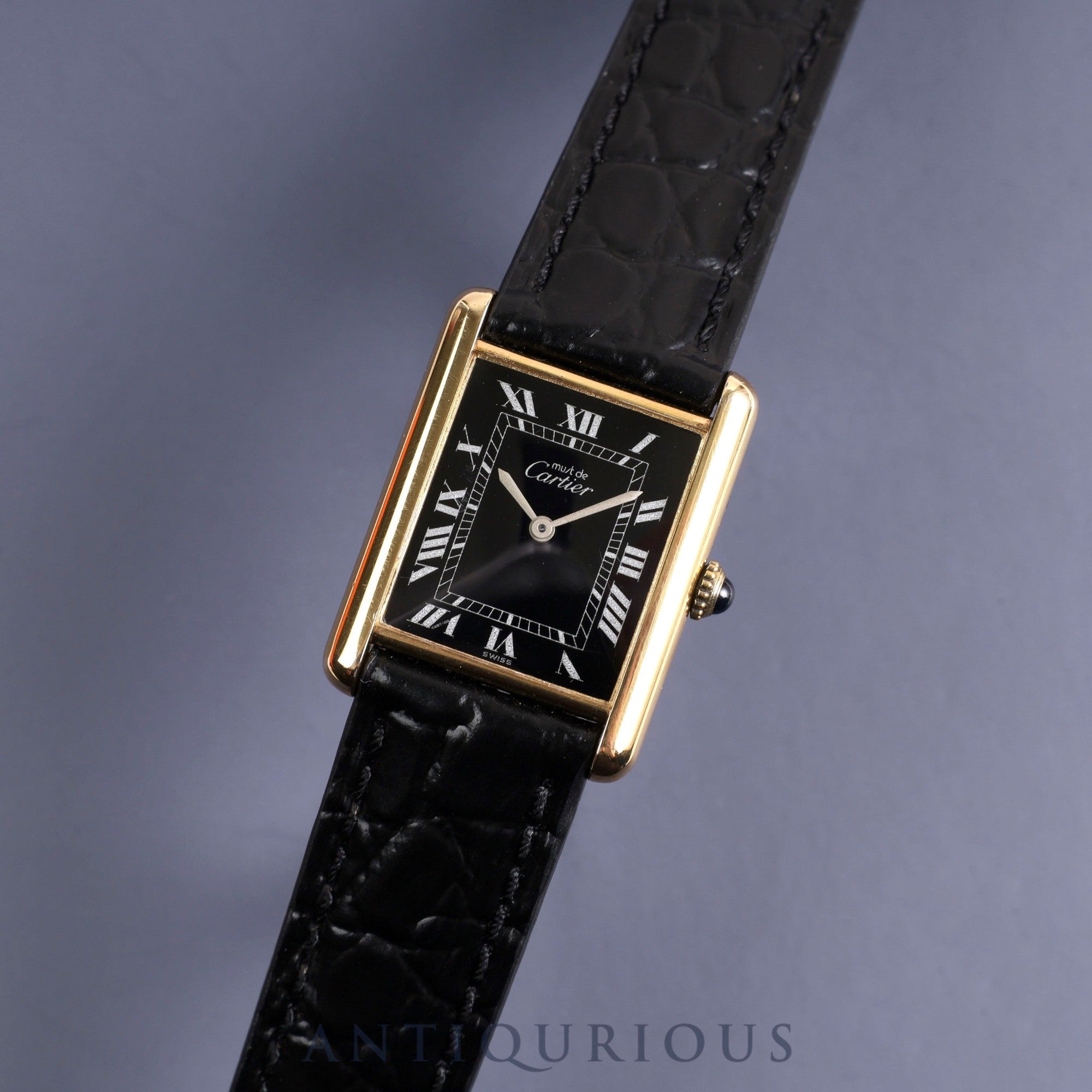 Cartier Must Tank LM Manual Winding Cal.78-1 925 Leather Black Roman Dial Overhauled