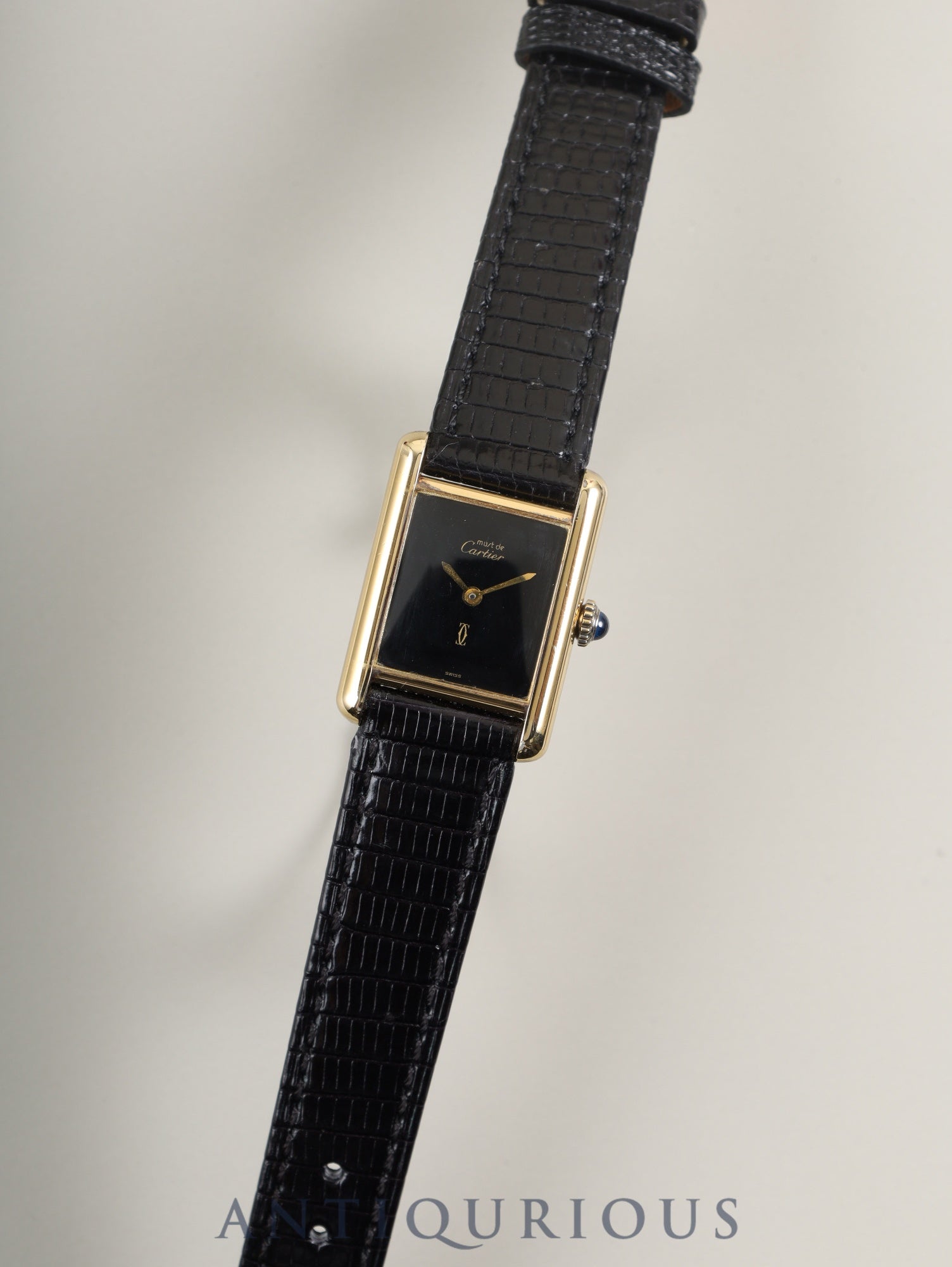 Cartier Must Tank SM Manual Winding Caliber 78-1 SV925 Leather Strap with Genuine GP Buckle, Onyx Dial (SWISS Marking), Overhauled