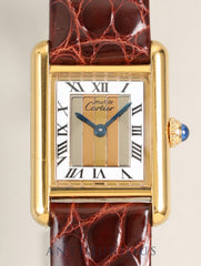 Cartier Must Tank SM 557051 Quartz Cal.057 SV925 Leather Genuine Pin Buckle (GP) Front Trinity Dial (SWISS marking) Box, Warranty (1988 / personal name included), Booklet, Overhauled