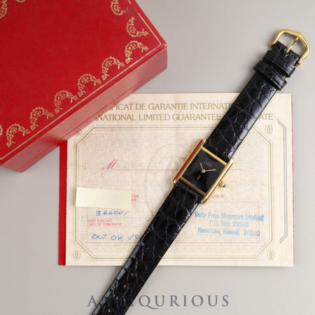 CARTIER Must Tank SM QZ 3 66001 925 Leather Genuine Buckle (GP) Black Onyx Dial Box Warranty (1986) Overhauled