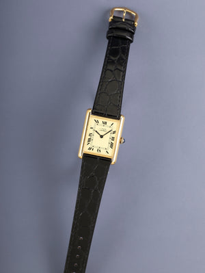Cartier Must Tank LM 6-hand, manual winding, Cal.78-1 (ETA2512), SV925, leather, original pin buckle (GP), ivory Roman dial (SWISS表記), overhauled, polished