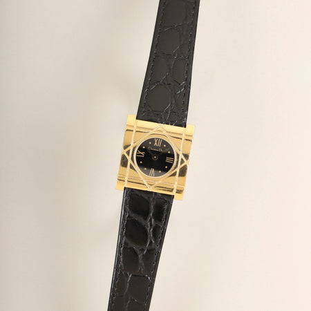 Christian Dior Cannage D82-150 Quartz Cal. 280.002, Gold Plated, Leather strap with original pin buckle (GP), black dial with Roman numerals (marked SWISS), overhauled.
