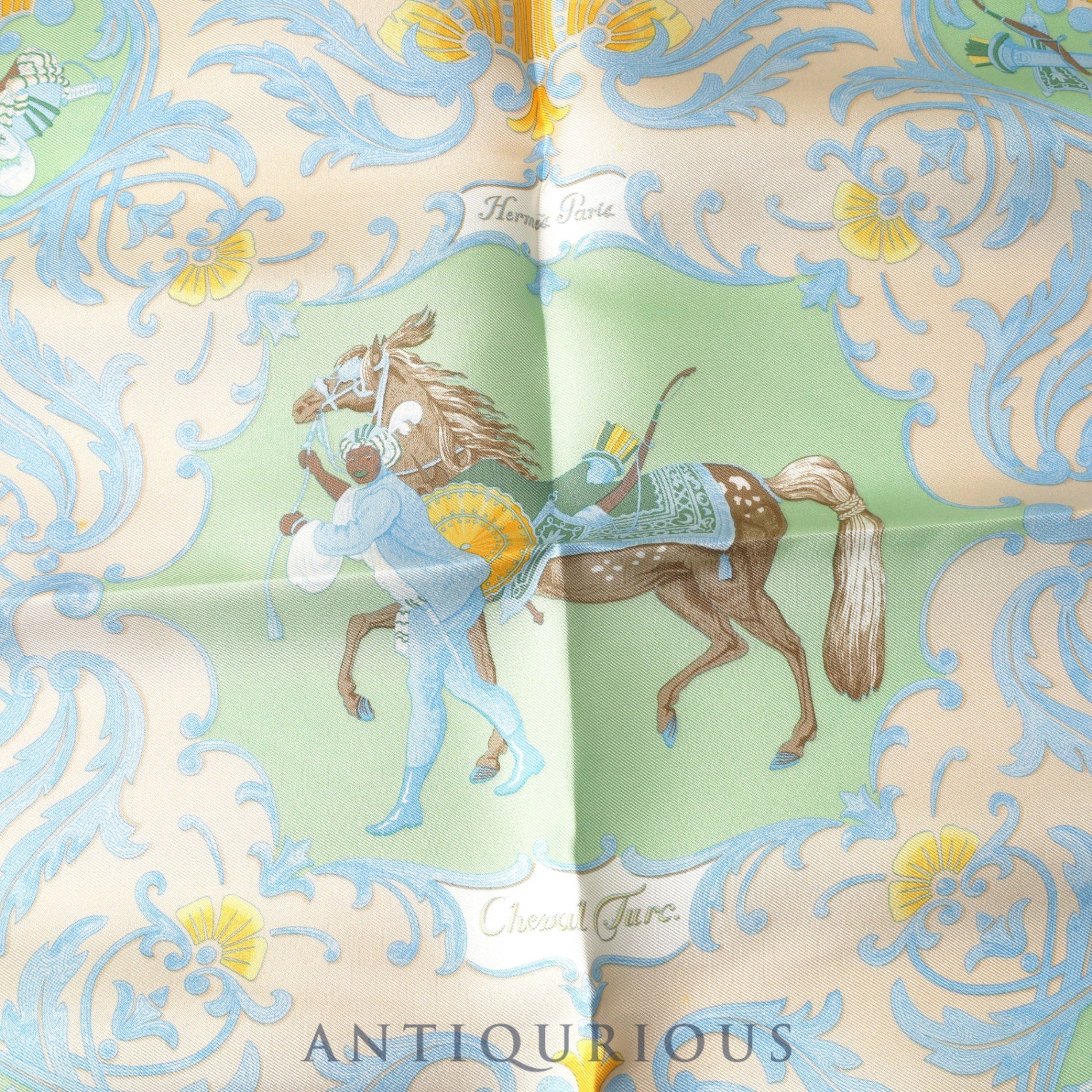 Hermes Scarf Carre 45 CHEVAL TURC Turkish Horse Light Blue Box 100% SILK