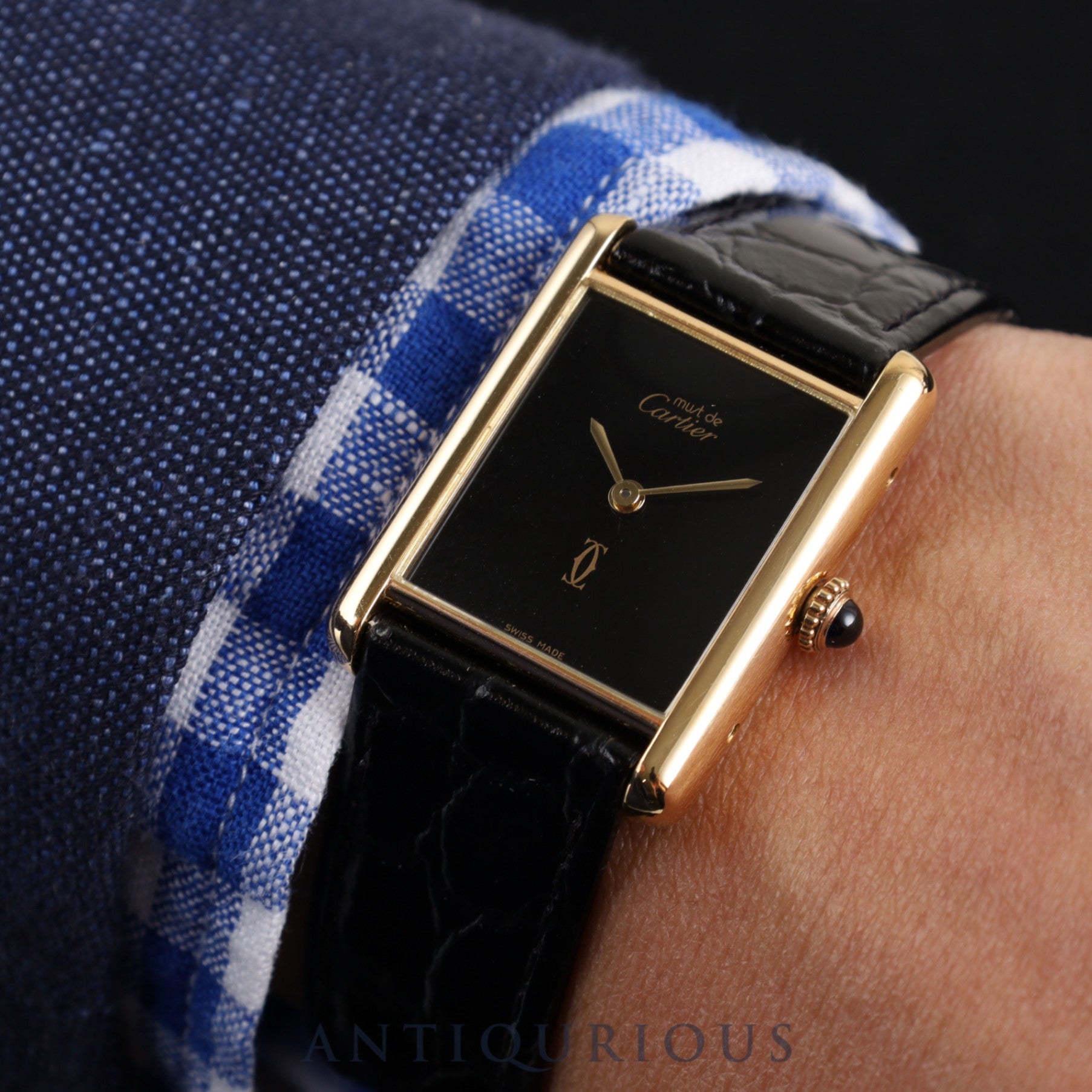 Cartier Must Tank LM Manual winding Cal.78-1 SV925 Leather Genuine buckle (GP) Black onyx dial Overhauled