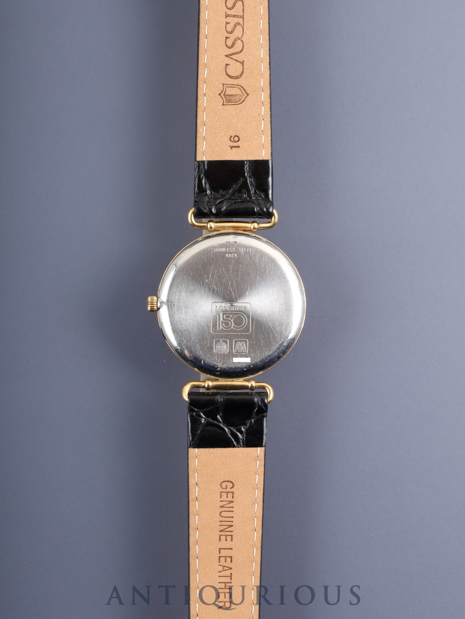 Longines 150th Anniversary Model 976.5162 Quartz Caliber L976.2 Stainless Steel/GP Leather Strap with Genuine GP Buckle, White and Gold Dial, Overhauled