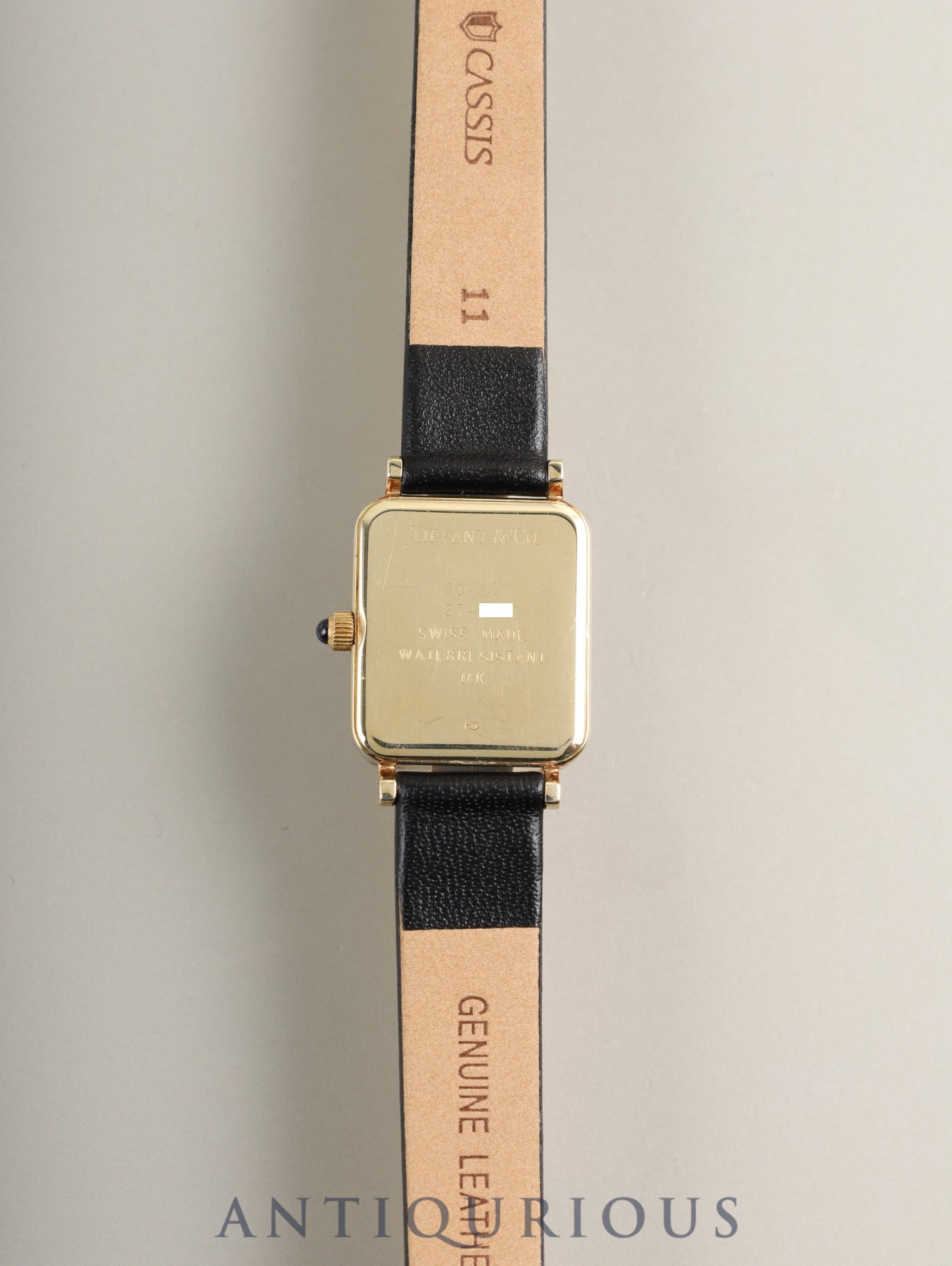 ティファニ レクタンギュラー 60-217 クォーツ Cal.976.001 14KYG 革 純正尾錠（GP） ホワイト文字盤 保証書（1995年） 箱 ケース オーバーホール済み