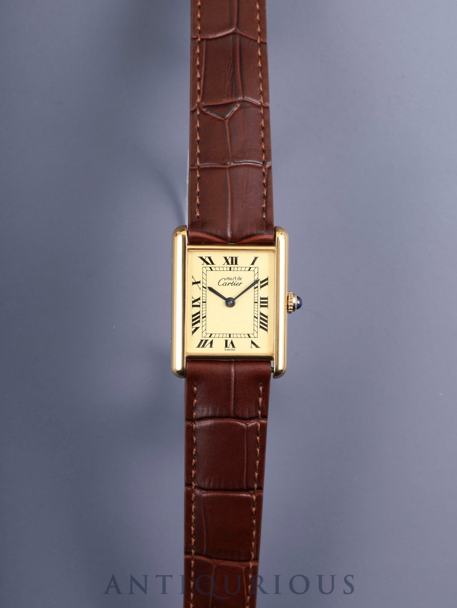 Cartier Must Tank LM W1002754 / 590005 Quartz Caliber 90 SV925 Leather Strap with Genuine D-buckle (GP) Ivory Roman Dial (SWISS Marking) Circa 1982-1995 Box Overhauled