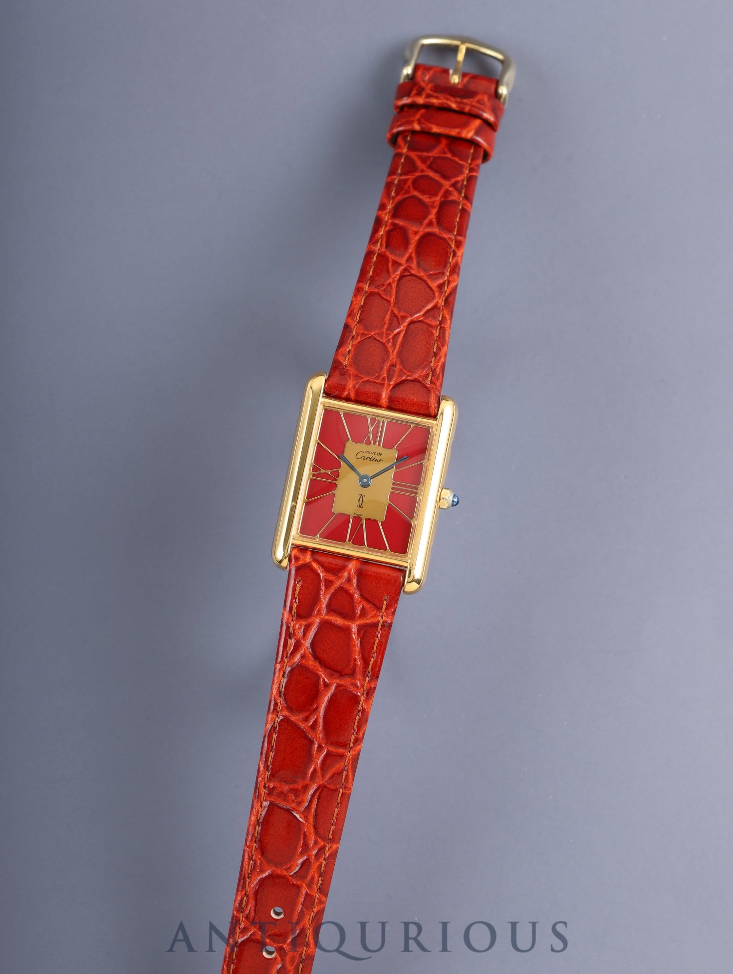 Cartier Must Tank LM 3919423 / 6 81006 Quartz Cal.81 SV925 Leather Genuine Pin Buckle (GP) Garnet Cloisonné Dial (SWISS) Warranty (1989) Booklet Overhauled Polished
