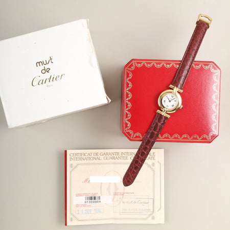 カルティエ マストコリゼ W1009954 / 1902 クォーツ Cal.90.06 SV925 革 純正Dバックル（GP） ホワイト飛びローマン文字盤 箱 冊子 保証書（1996年）オーバーホール済み