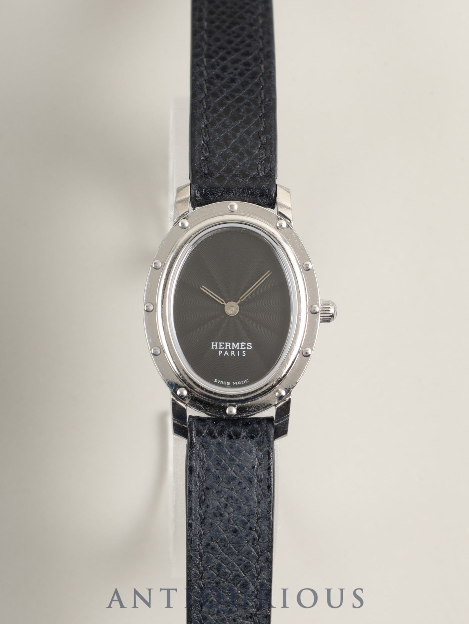 Hermes Clipper Oval CO1.210 Quartz Cal.976.001 Stainless Steel, Original Strap (□E stamp: 2001), Original Pin Buckle (Stainless Steel), Black Dial, Case Overhauled