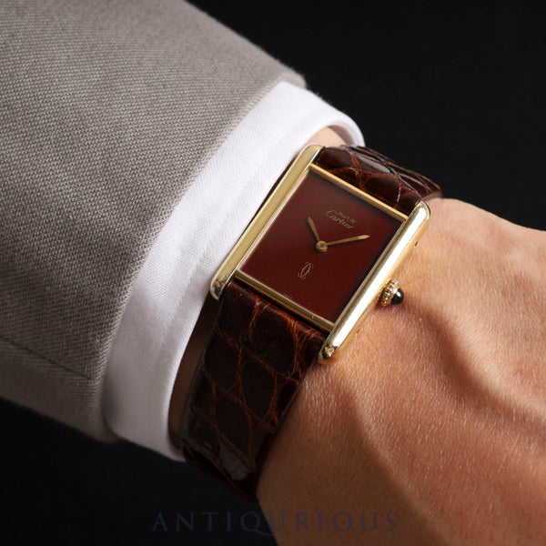 カルティエ マストタンク LM 手巻き Cal.78-1 SV925 革 純正尾錠（GP）　ガーネットダイアル ボルドー文字盤オーバーホール済み