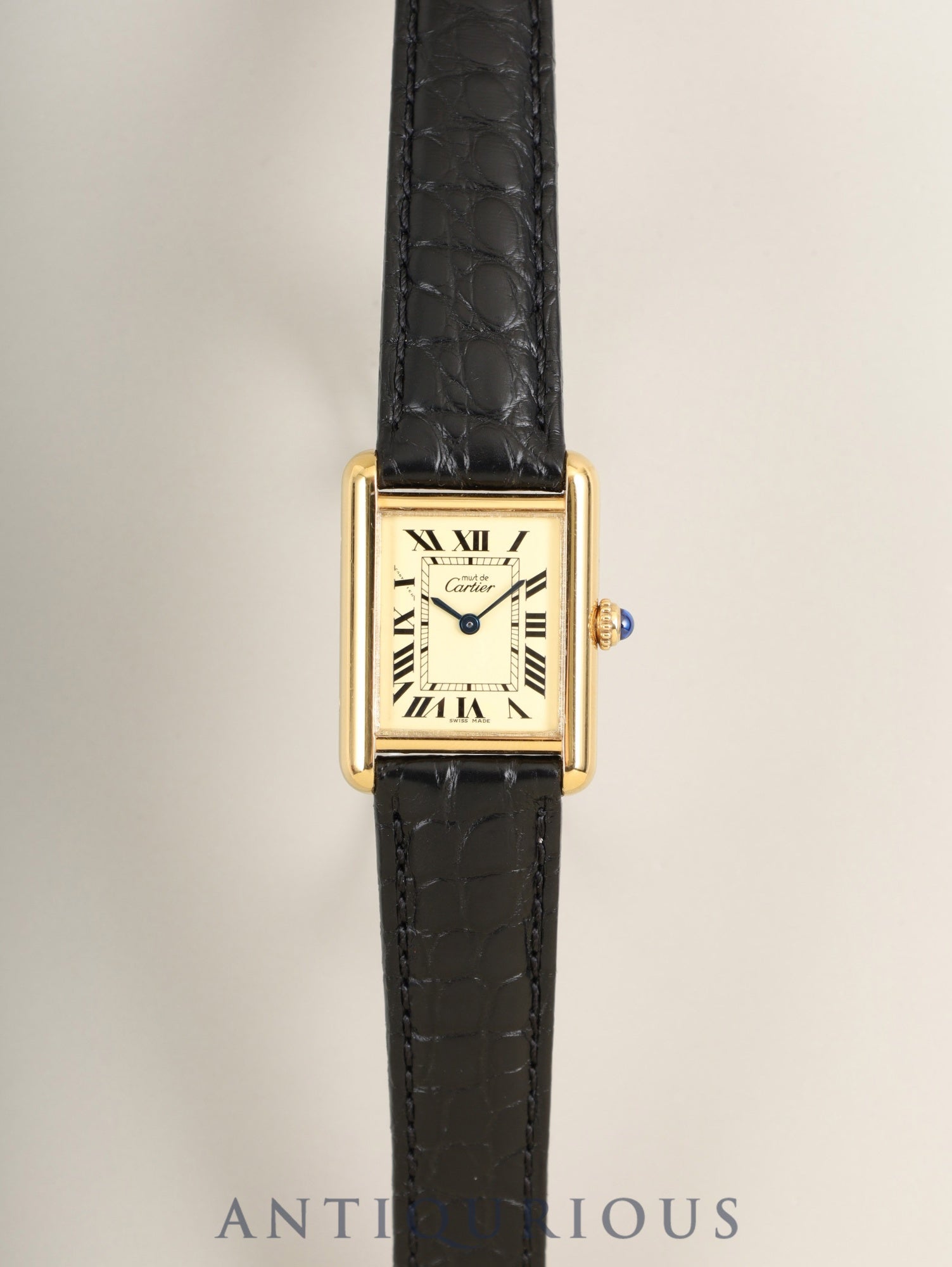 Cartier Must Tank MM 2415 Quartz Caliber 057 SV925 Leather Watch with Genuine D-buckle (GP) Ivory Roman Dial (SWISS MADE Marking) Circa 1990-2004 Box Warranty Card Overhauled