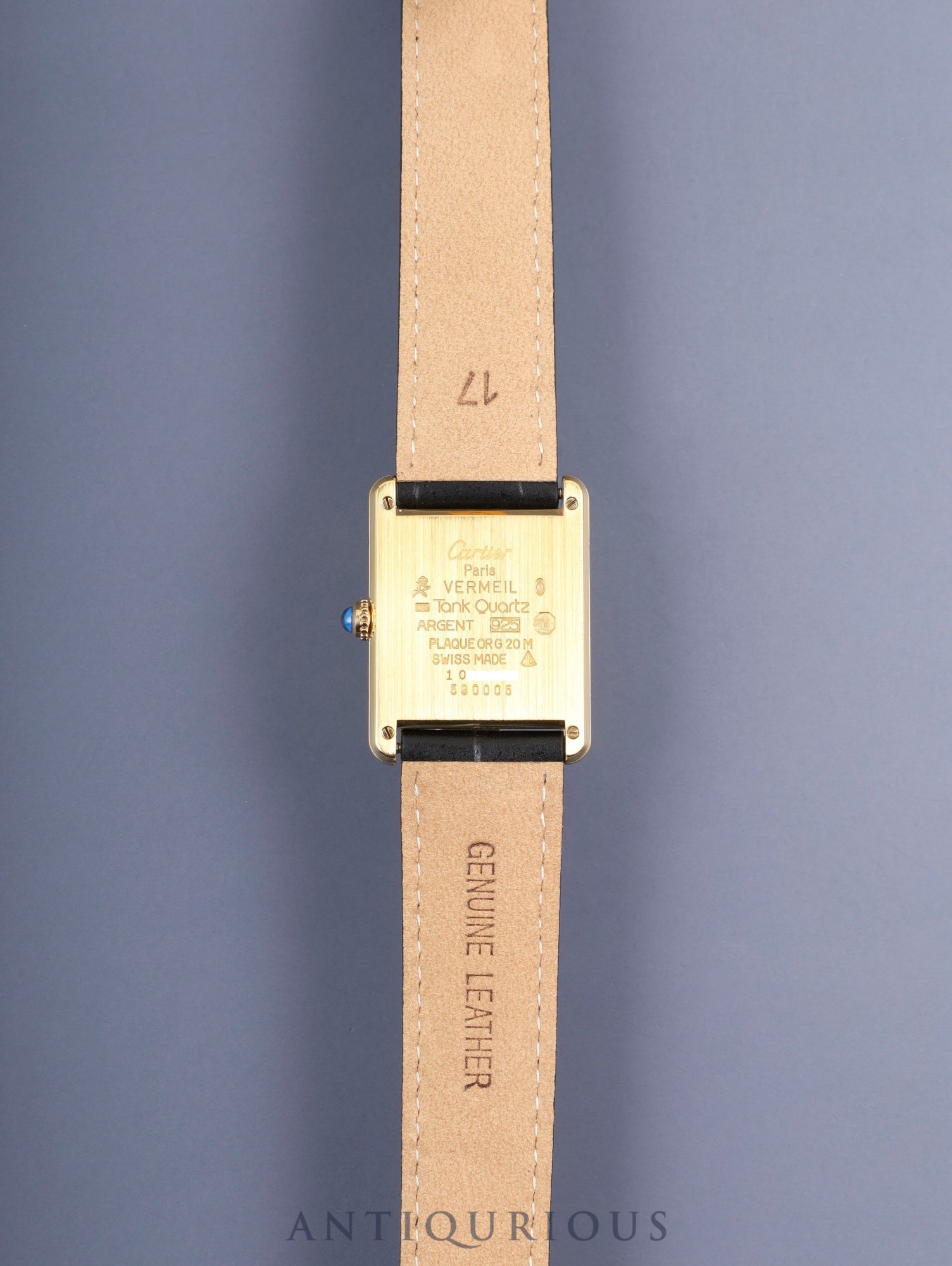 Cartier Must Tank LM 590005 Quartz Caliber 90 SV925 Leather Strap with Genuine D-buckle (GP) Gray Roman Dial with Center Drop, Overhauled and Finished to Look Like New