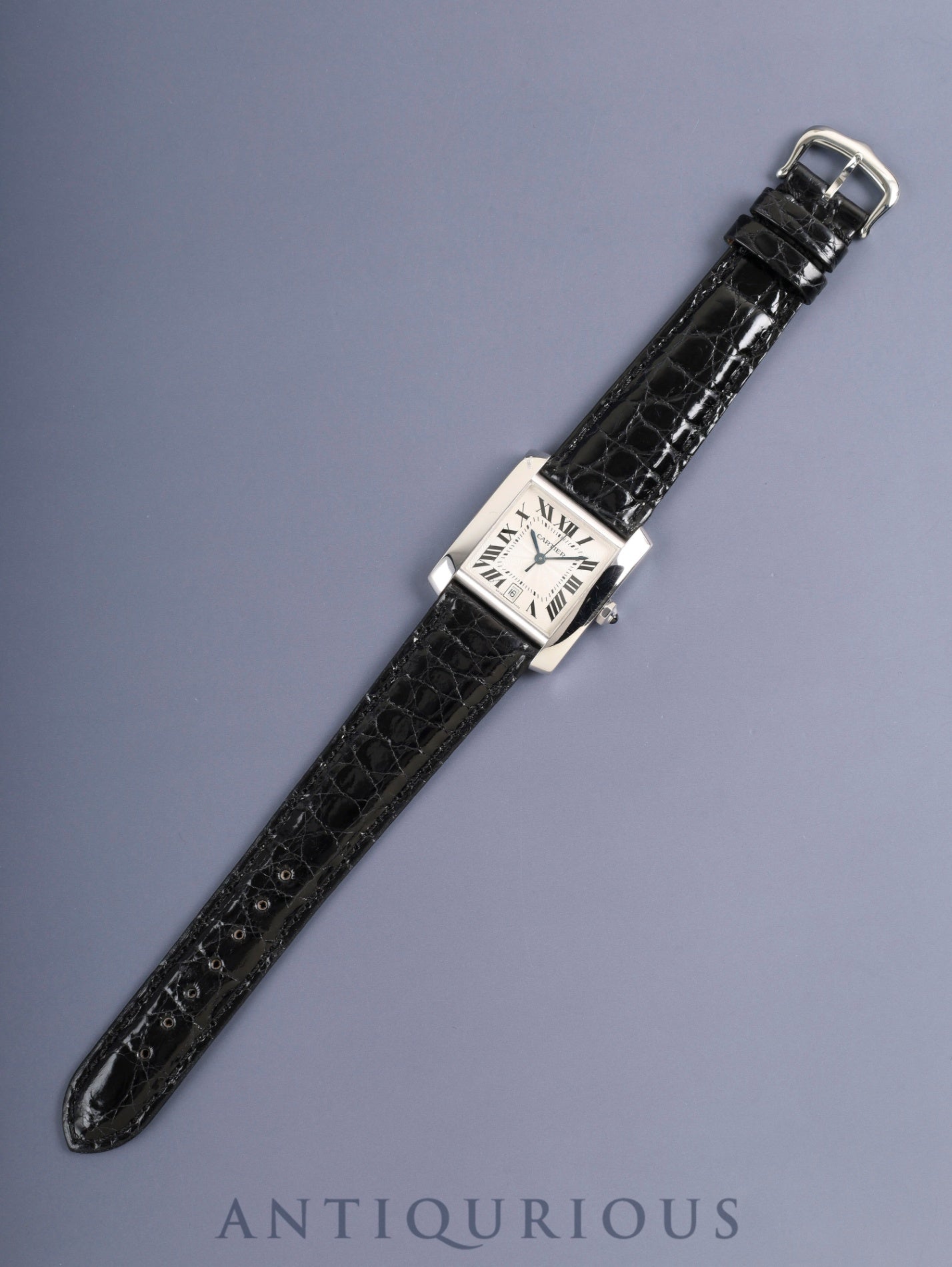 Cartier Tank Française LM W50011S3 / 2366 Automatic Cal.- 750WG Leather Original pin buckle (SS) Silver guilloché Roman numerals Overhauled