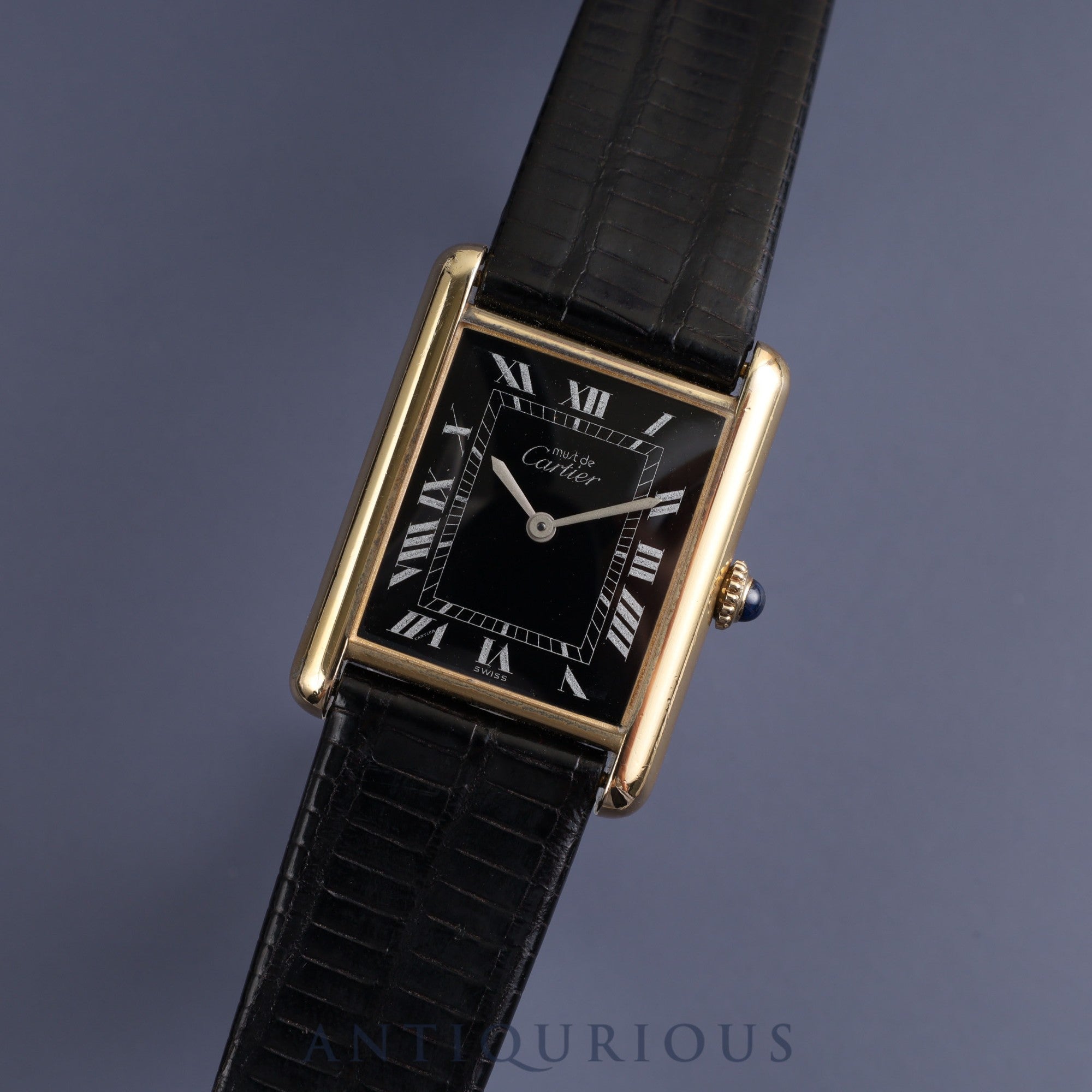 Cartier Must Tank LM Manual winding 19749 o/w Cal.78-1 SV925 Leather Genuine buckle (GP) Black Roman dial Box Warranty (1980)