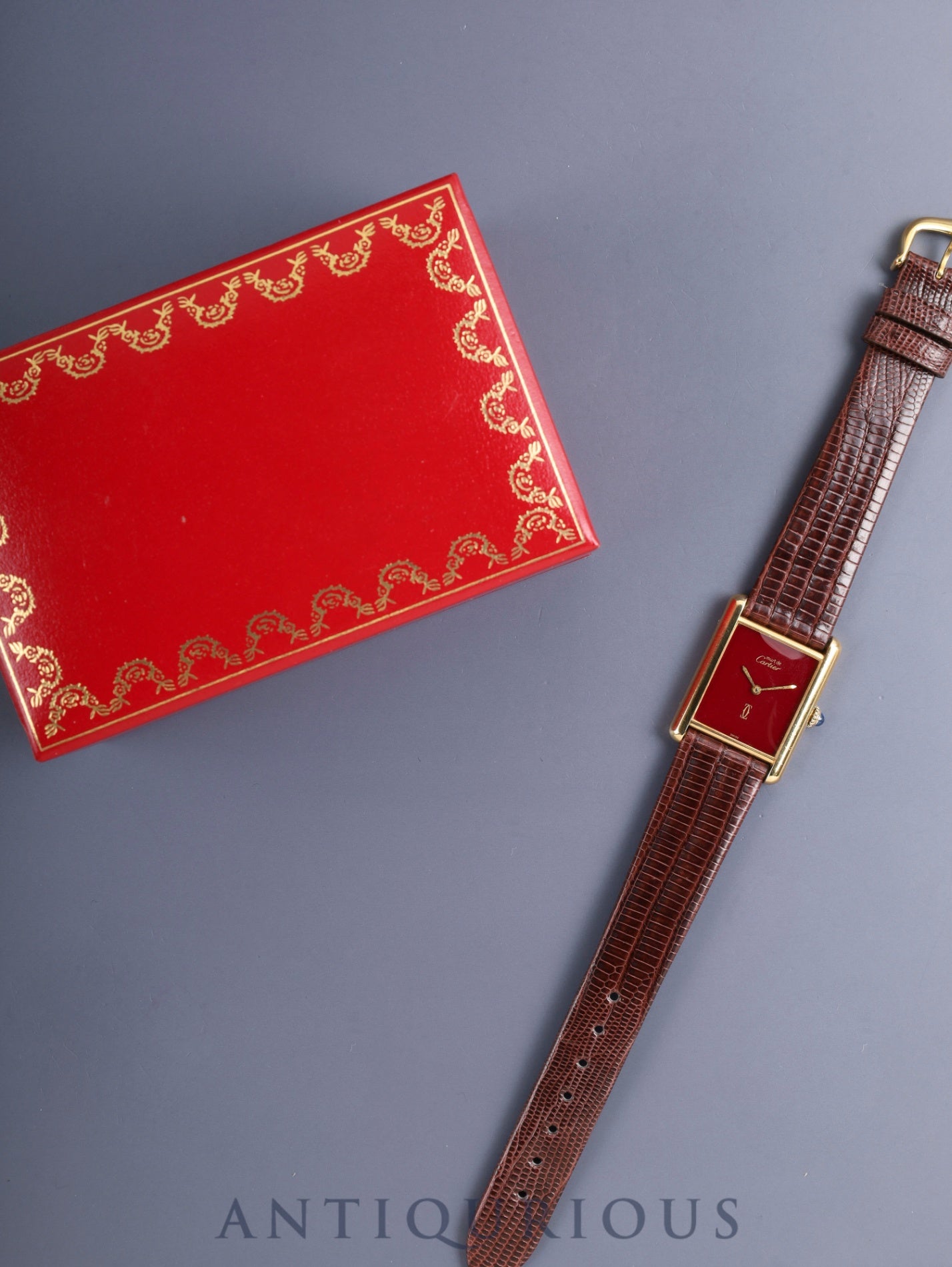 カルティエ マストタンク LM 手巻き Cal.78-1 SV925 革 純正ピンバックル（GP）ガーネットダイアル ボルドー文字盤（SWISS表記） 箱 オーバーホール済み