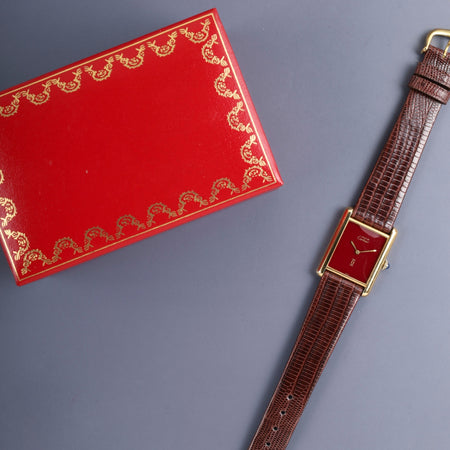 カルティエ マストタンク LM 手巻き Cal.78-1 SV925 革 純正ピンバックル（GP）ガーネットダイアル ボルドー文字盤（SWISS表記） 箱 オーバーホール済み