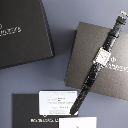 Baume & Mercier Hampton M0A10795 / 65952 Quartz SS, original leather strap, original pin buckle (SS), white dial (SWISS MADE表記), box, booklet, warranty (January 2026), overhauled
