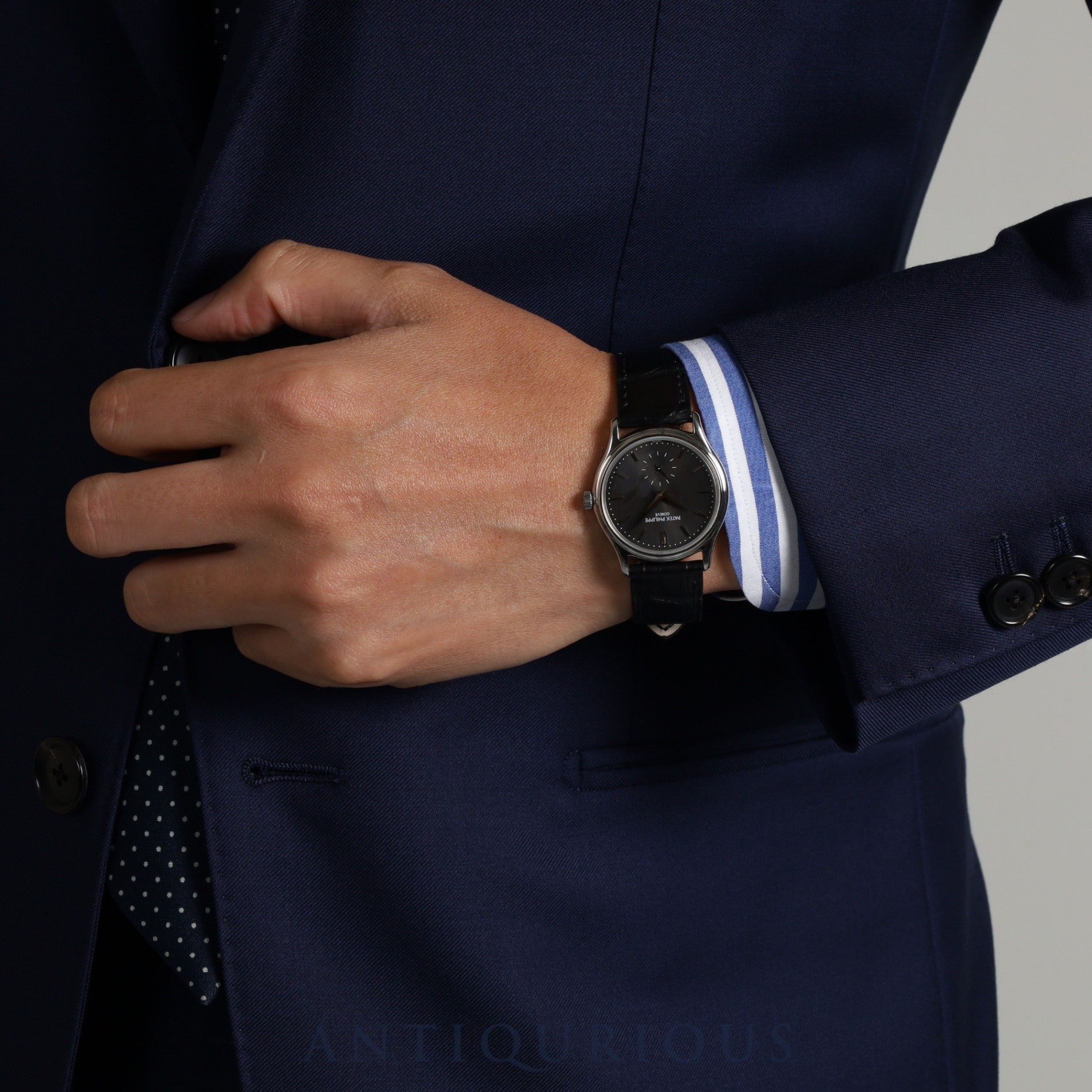 パテック・フィリップ カラトラバ 3923A 手巻き Cal.215 SS 革 純正ピンバックル（SS）グレー文字盤 1987年 修理明細 パテックフィリップにて修理済み