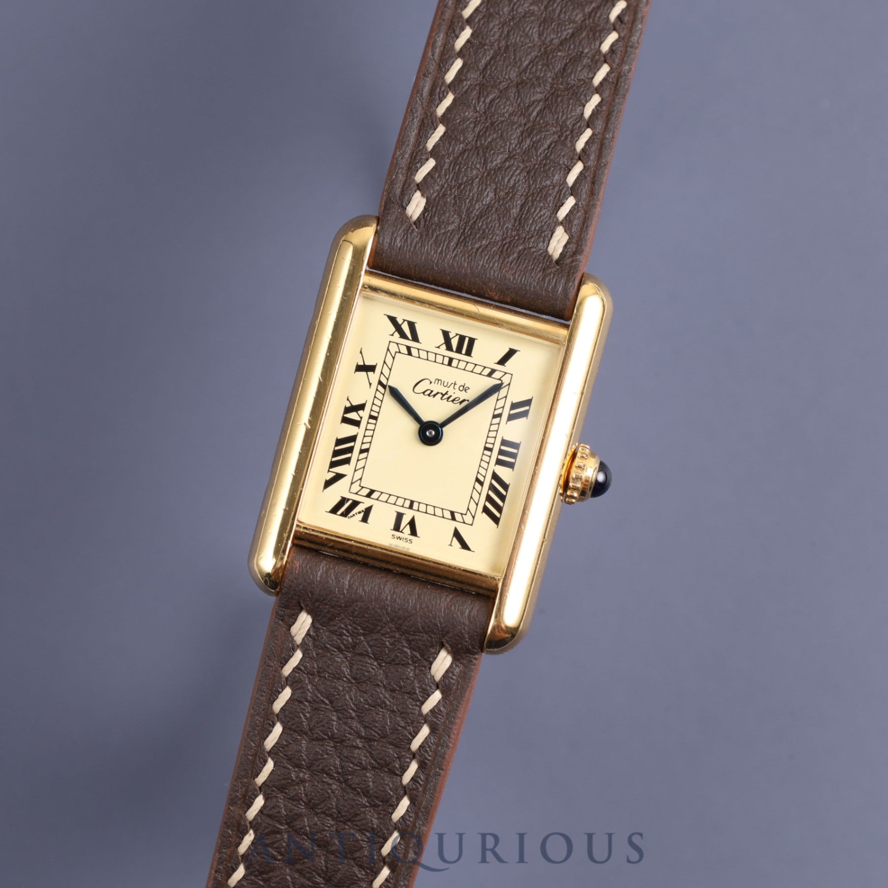 Cartier Must Tank SM 5057001 Quartz Cal.057 SV925 Leather Genuine Buckle (GP) Ivory Roman Dial Overhauled Newly Finished