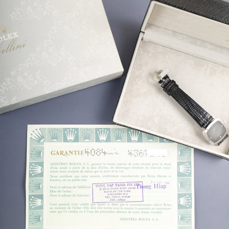 ロレックス チェリーニ 4084 手巻き Cal.1601 革 750WG 純正ピンバックル（SS）グレー3Pダイヤ文字盤 43番台（1975年）箱 保証書（1990年）オーバーホール済み