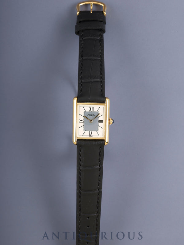 Cartier Must Tank LM 590005 Quartz Cal. 90 SV925 Leather Original Pin Buckle (GP) Center Gray Dial Roman Numerals (SWISS Mark) Overhauled Polished