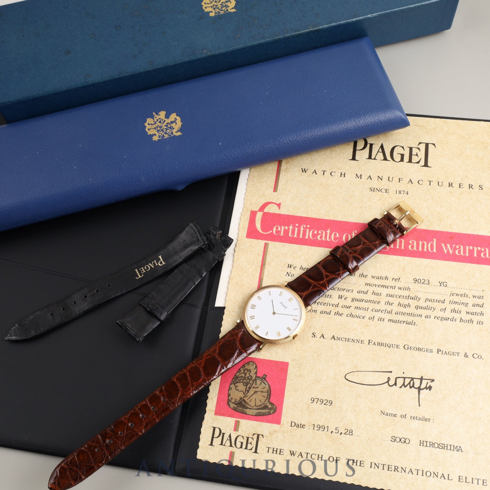 Piaget Round 9023 Manual winding Cal.9P2 YG Leather Genuine buckle (750) White dial Box Warranty (1991)