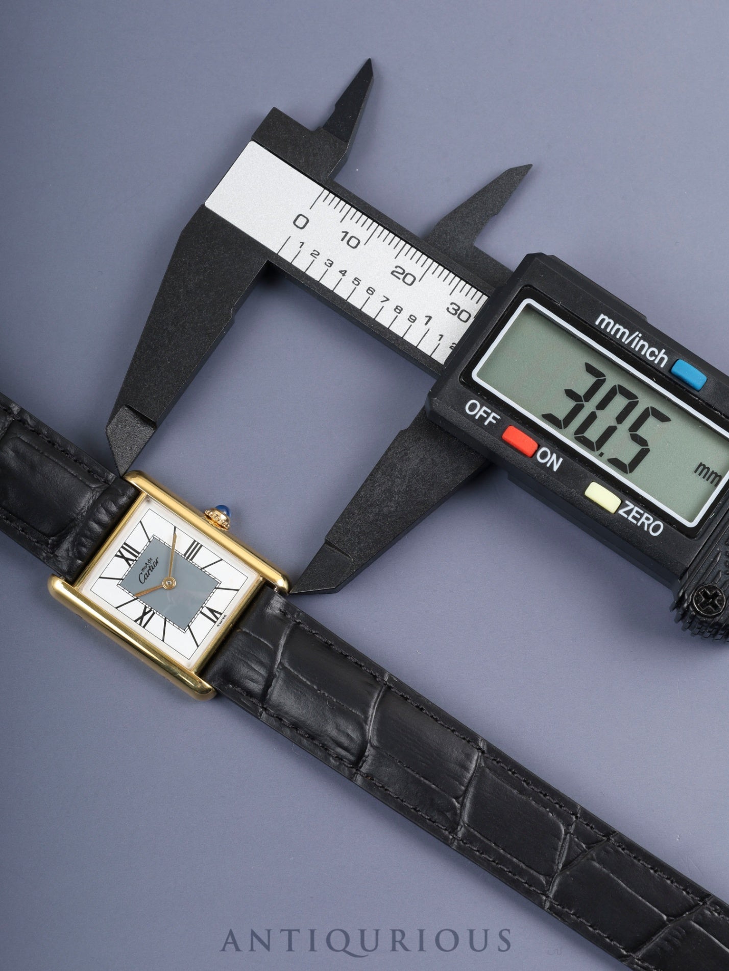 Cartier Must Tank LM 590005 Quartz Caliber 90 SV925 Leather Strap with Genuine D-buckle (GP) Gray Roman Dial with Center Drop, Overhauled and Finished to Look Like New