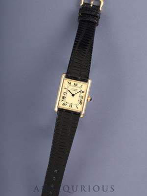 Cartier Must Tank LM 590005, Quartz Movement, SV925 Leather, Genuine Pin Buckle (GP), Ivory Roman Dial (SWISS MADE Marking), Complete Serviced at a Cartier Boutique