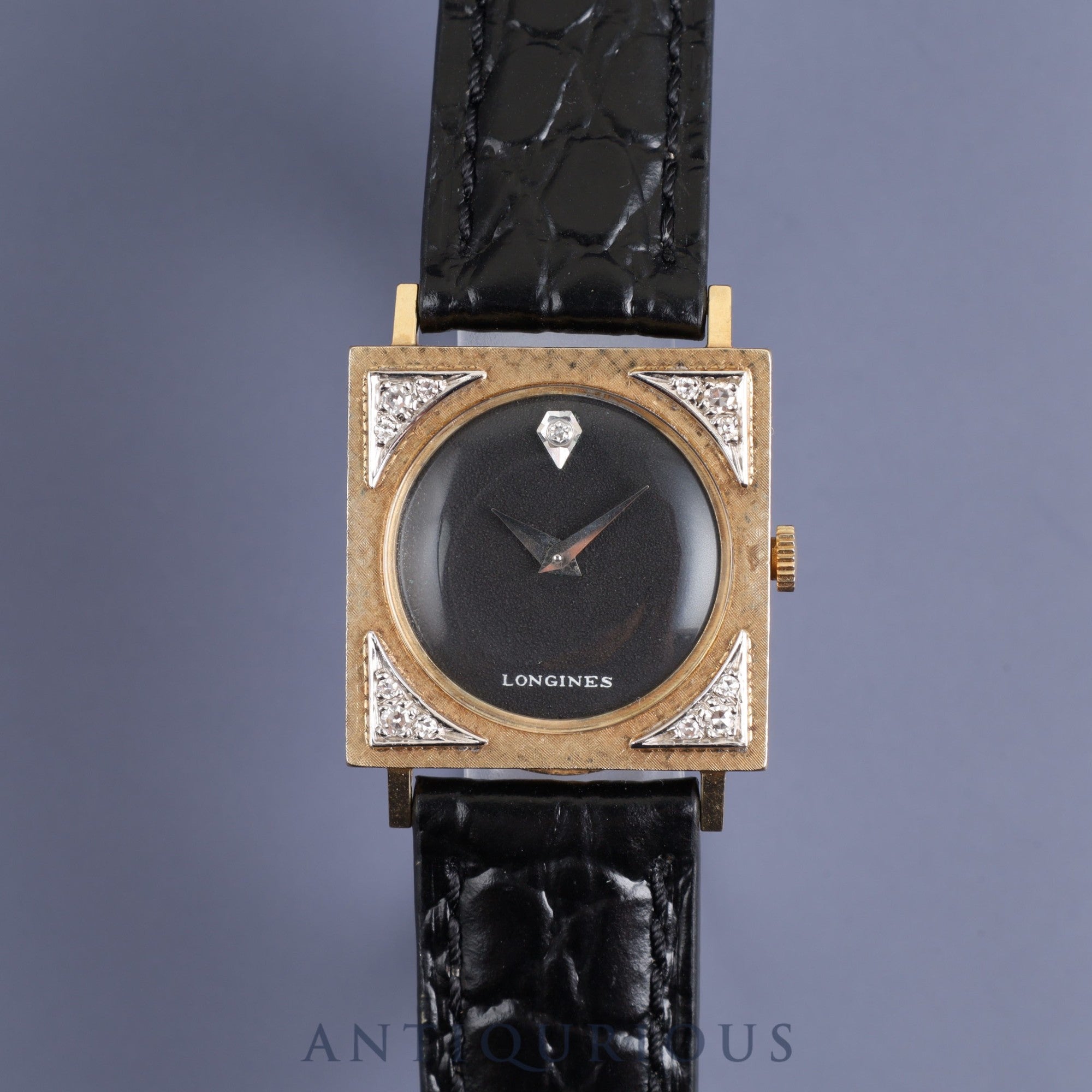 Longines Tuxedo Watch, Hand-wound, Cal.528, 14KT, Leather, Black Dial, 25.5 x 25.5mm, 1950s, Overhauled