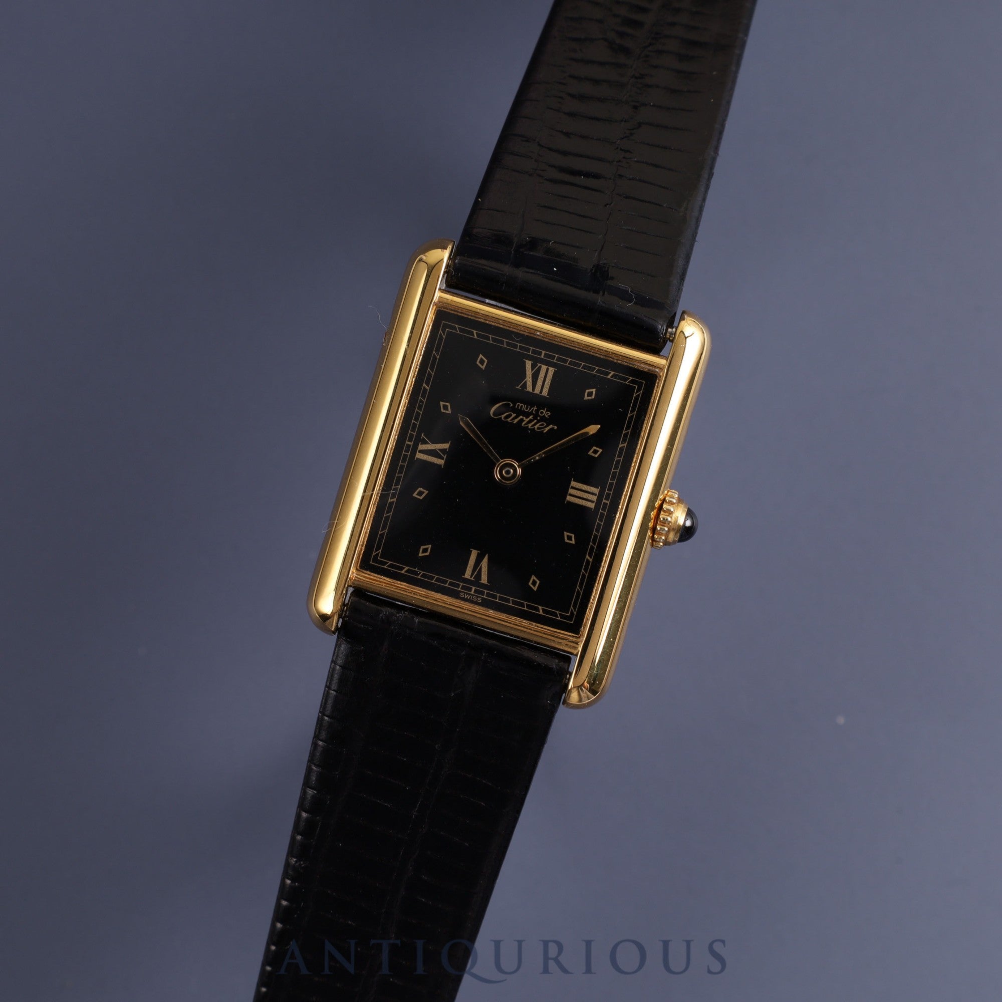 Cartier Must Tank LM QZ 590005 925 Leather Genuine Buckle (GP) Black Roman Dial Box Warranty (1991) Overalled