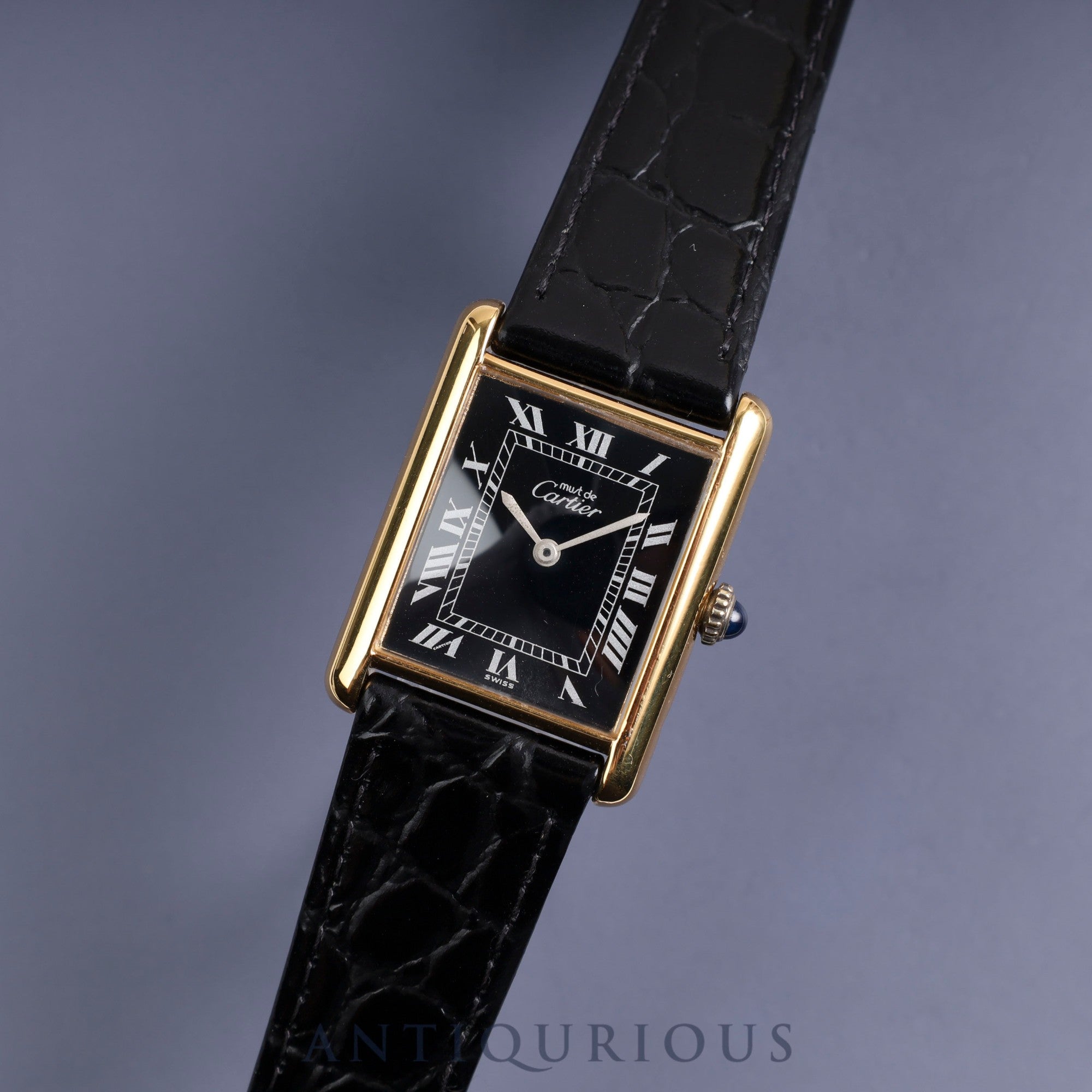 Cartier Must Tank LM Manual Winding SV Leather Black Roman Dial