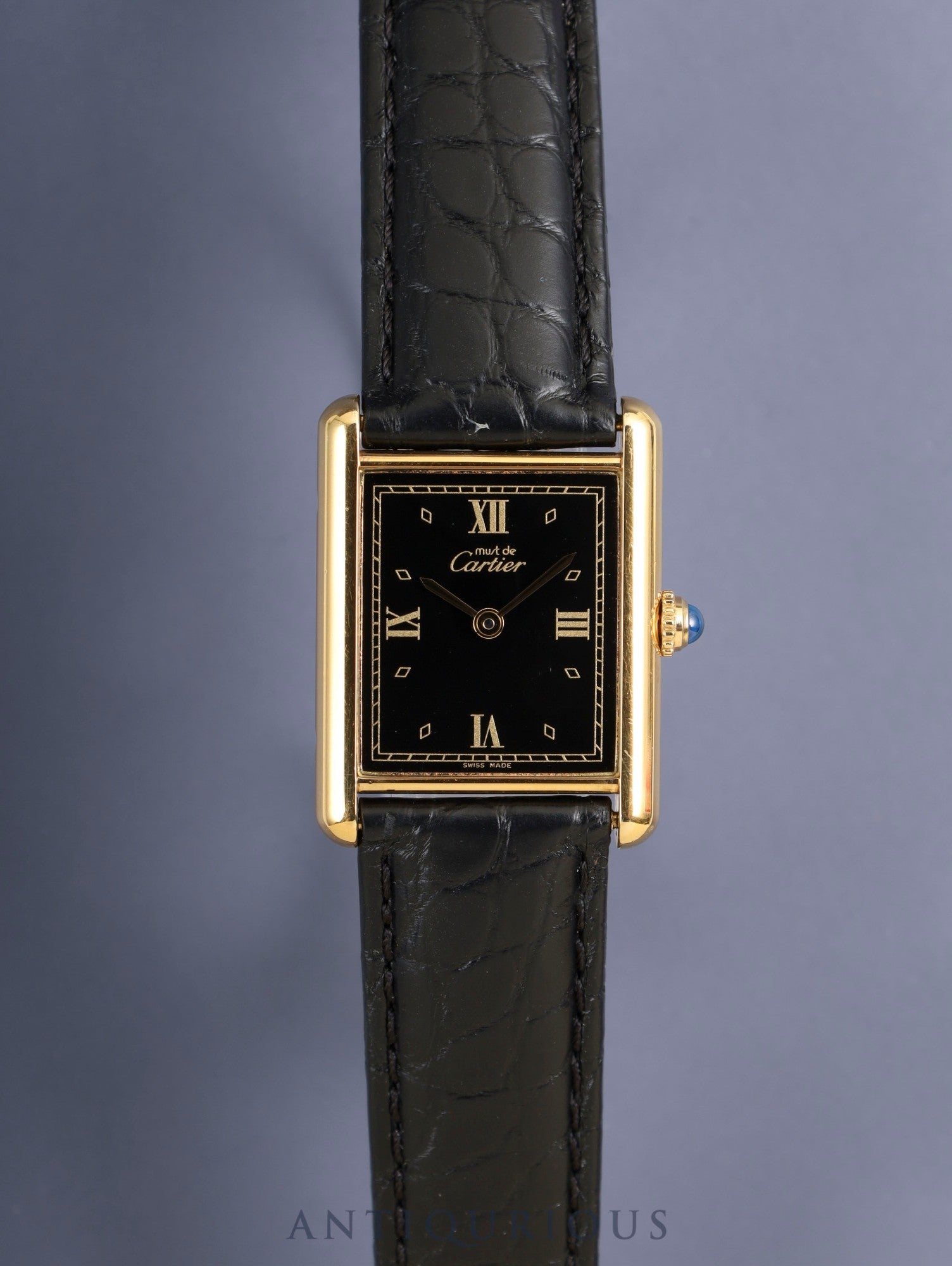 カルティエ マストタンク LM 590005 クォーツ SV925 革 純正Dバックル（GP） ブラック飛びローマン文字盤（SWISS MADE表記）  カルティエブティックにてコンプリートサービス済み