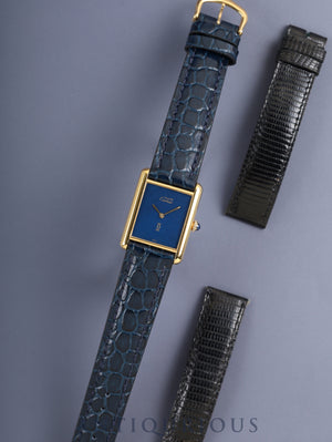 Cartier Must Tank LM Manual Wind Caliber 78-1 SV925 Leather Watch with Genuine Pin Buckle (GP) Lapis Lazuli Dial (SWISS Marking) Overhauled and Finished to Look Like New