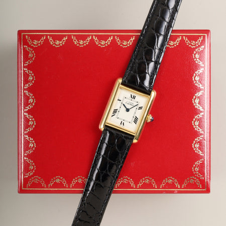 カルティエ マストタンク MM 2415 クォーツ Cal.057 SV925 革 純正Dバックル （GP）ホワイト飛びローマン文字盤（SWISS MADE表記） 箱 オーバーホール済み 新品仕上げ済み