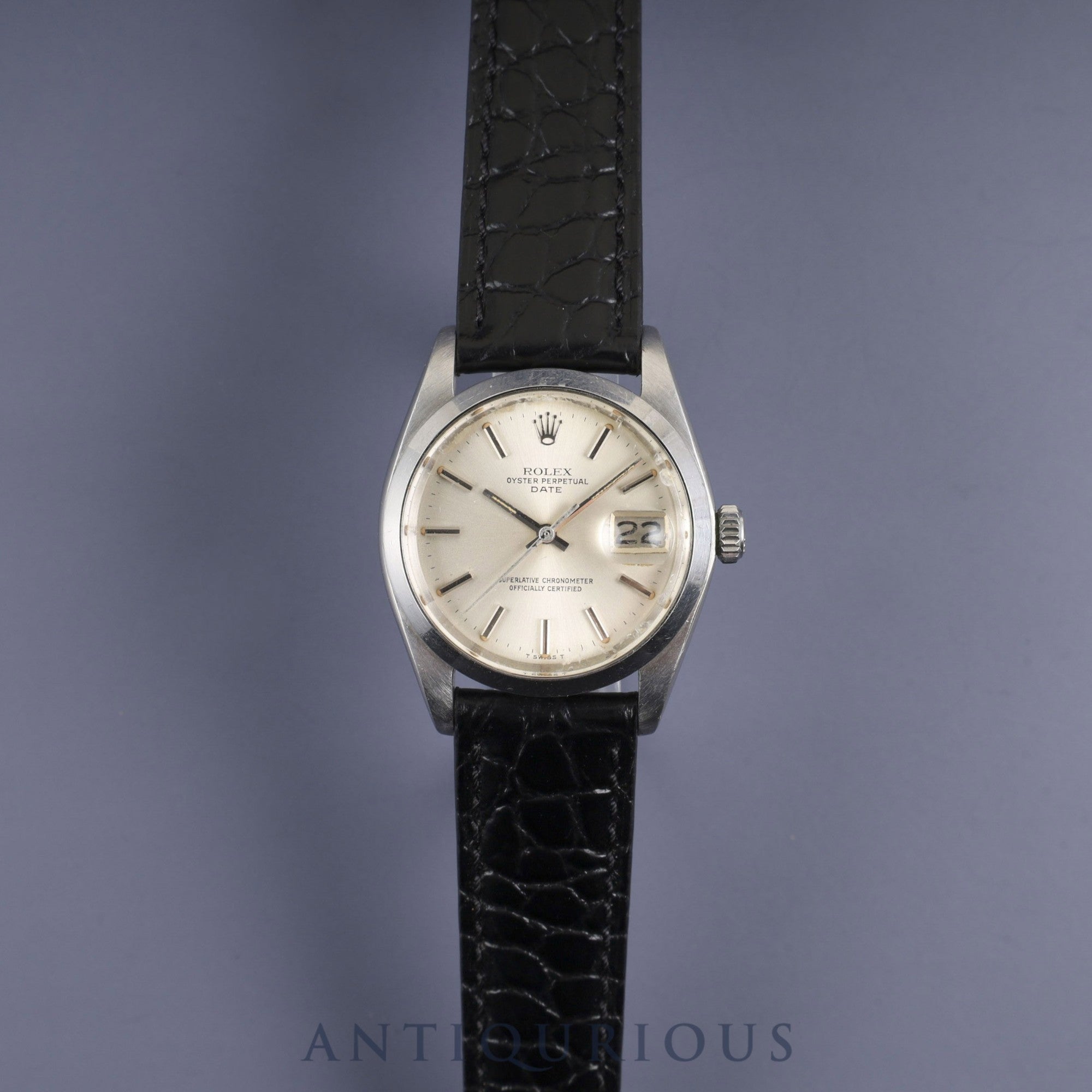 ロレックス  オイスターパーペチュアルデイト 1500 自動巻き Cal.1570 SS 革 社外尾錠（SS）シルバー文字盤 36mm 53番台（1977年）オーバーホール済み