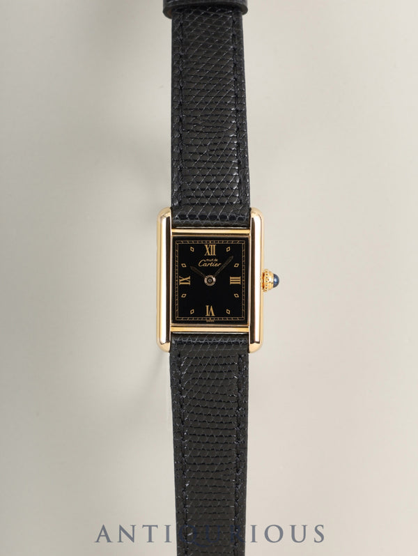 Cartier Must Tank SM 557051 Quartz Caliber 057 SV925 Leather Strap with Genuine GP Buckle, Black Roman Dial (SWISS Marking), Overhauled
