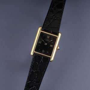 Cartier Must Tank LM 590005 Quartz Caliber 90 SV925 Leather Strap with Genuine GP Buckle, Black Roman Dial, Overhauled and Finished to Look Like New