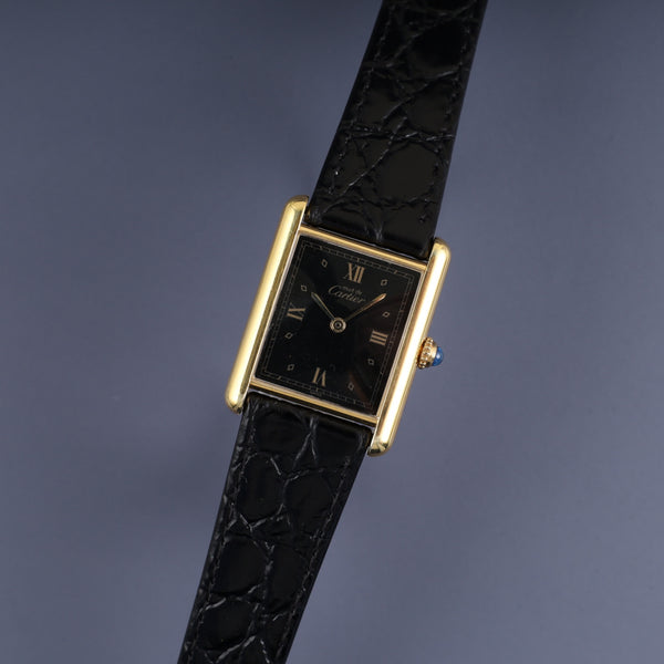 Cartier Must Tank LM 590005 Quartz Caliber 90 SV925 Leather Strap with Genuine GP Buckle, Black Roman Dial, Overhauled and Finished to Look Like New