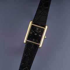 Cartier Must Tank LM 590005 Quartz Caliber 90 SV925 Leather Strap with Genuine GP Buckle, Black Roman Dial, Overhauled and Finished to Look Like New