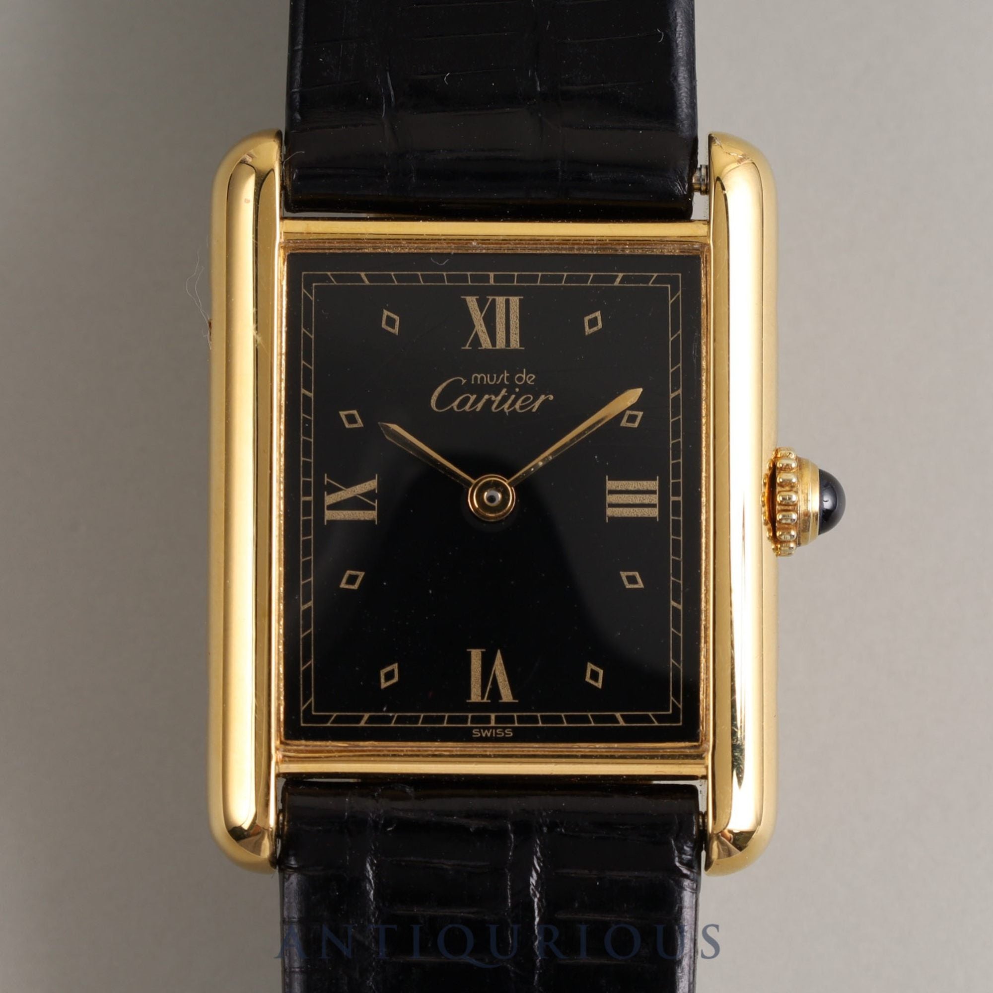 CARTIER Must Tank LM QZ 590005 925 Leather Genuine Buckle (GP) Black Roman Dial Box Warranty (1991) Overalled
