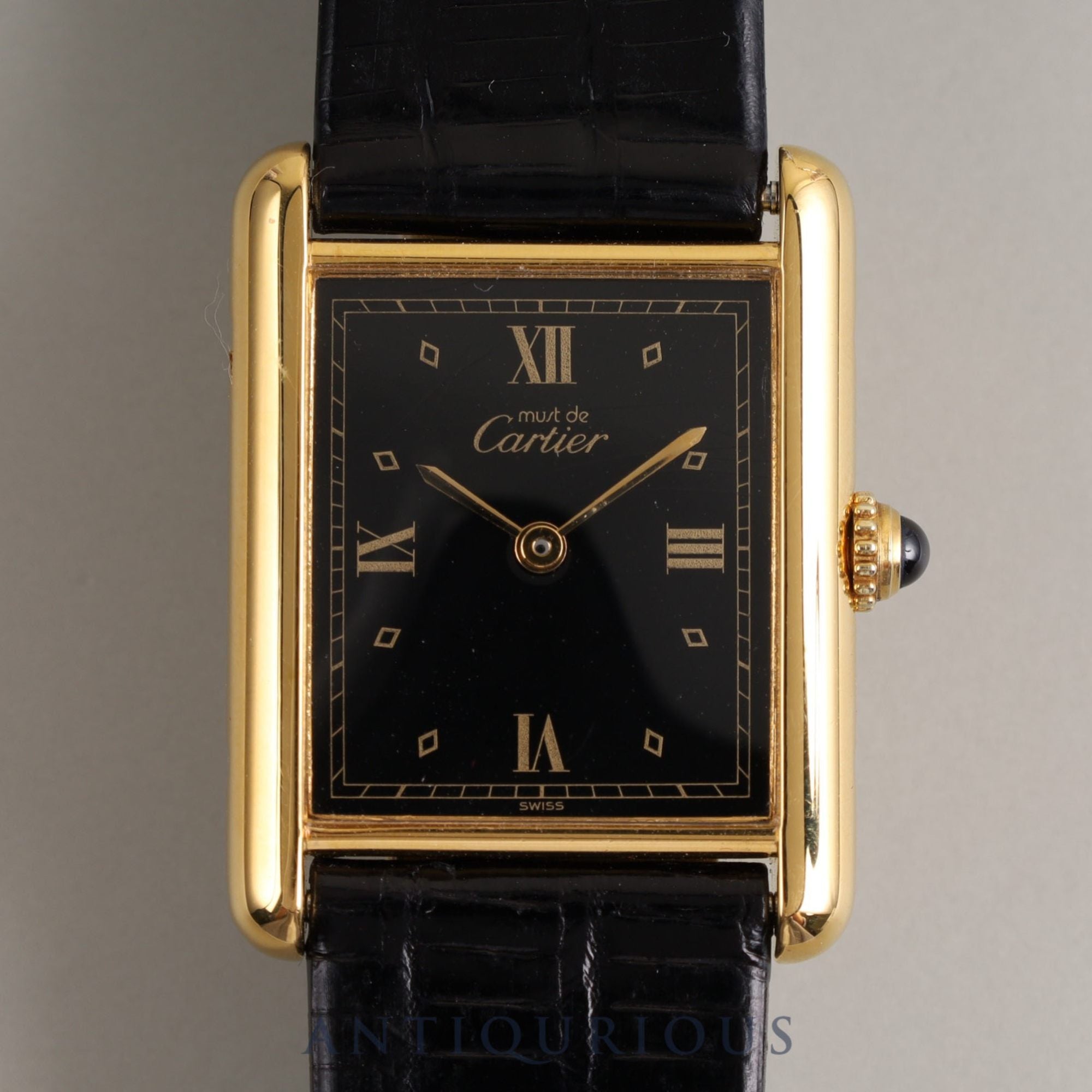 Cartier Must Tank LM QZ 590005 925 Leather Genuine Buckle (GP) Black Roman Dial Box Warranty (1991) Overalled