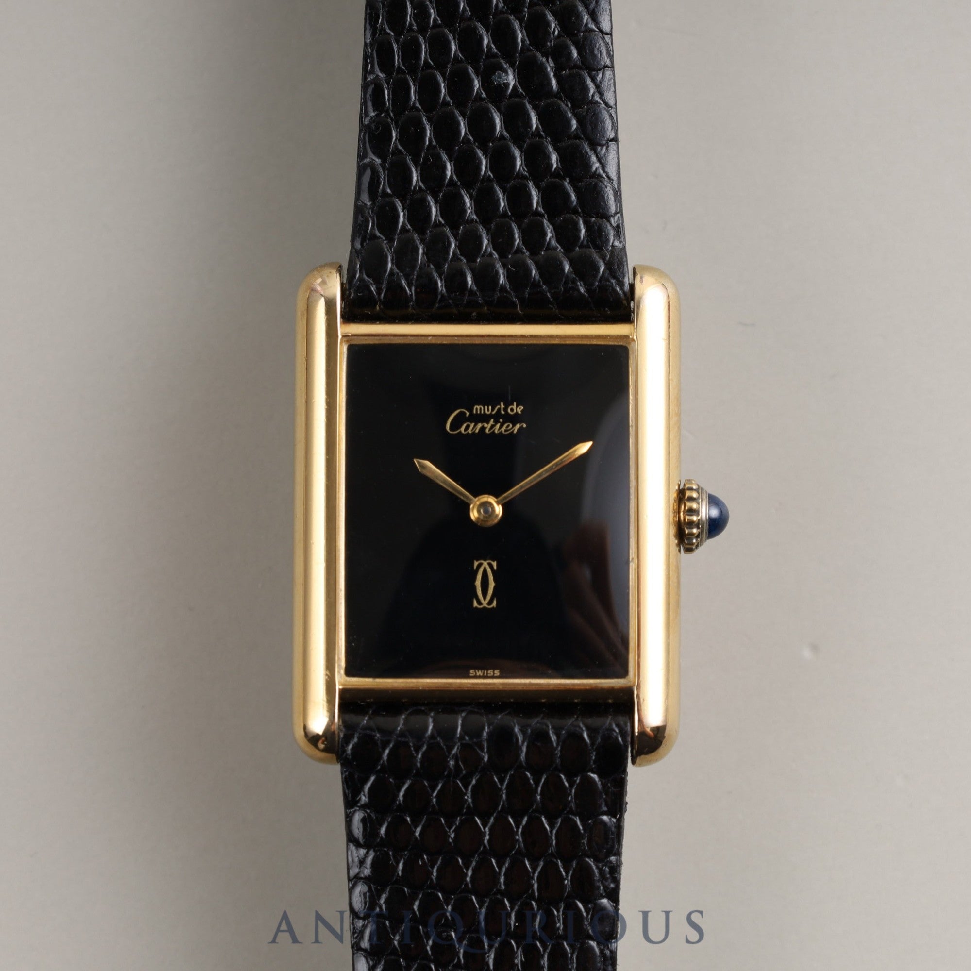 Cartier Must Tank LM Manual Winding Cal.78-1 SV925 Leather Genuine Buckle (GP) Black Onyx Dial Box