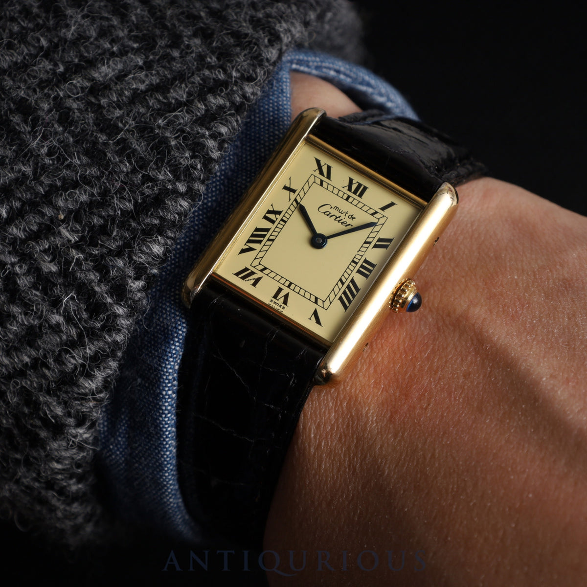 Cartier Must Tank LM 590005 Quartz Cal.690 SV925 Leather Genuine Buckle (GP) Ivory Roman Dial Overhauled