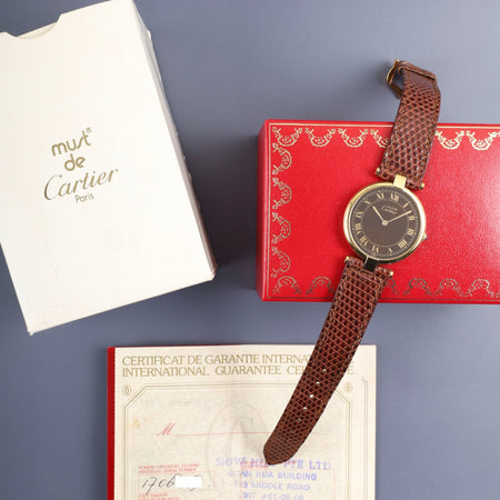 カルティエ マスト ヴァンドーム VLC LM 17 クォーツ Cal.81 SV925 純正革ベルト 純正尾錠（GP） ブラウンローマン文字盤 箱 保証書（1988年）オーバーホール済み