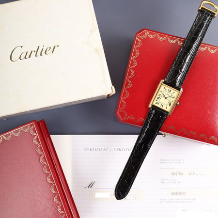 カルティエ マストタンク GM（XL） W1017454 / 2413 クォーツ Cal.687 SV925 革 純正Dバックル（GP） アイボリーローマン文字盤 箱 冊子 保証書 （2004年）オーバーホー済み