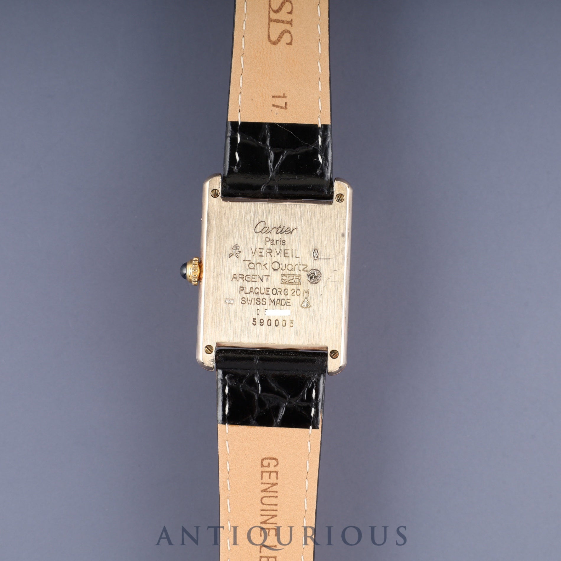 カルティエ マストタンク LM 590005 クォーツ Cal.- SV925 革 純正尾錠（GP）ブラック飛びローマン文字盤 1982年頃～1995年頃 カルティエブティックにてコンプリートサービス済み