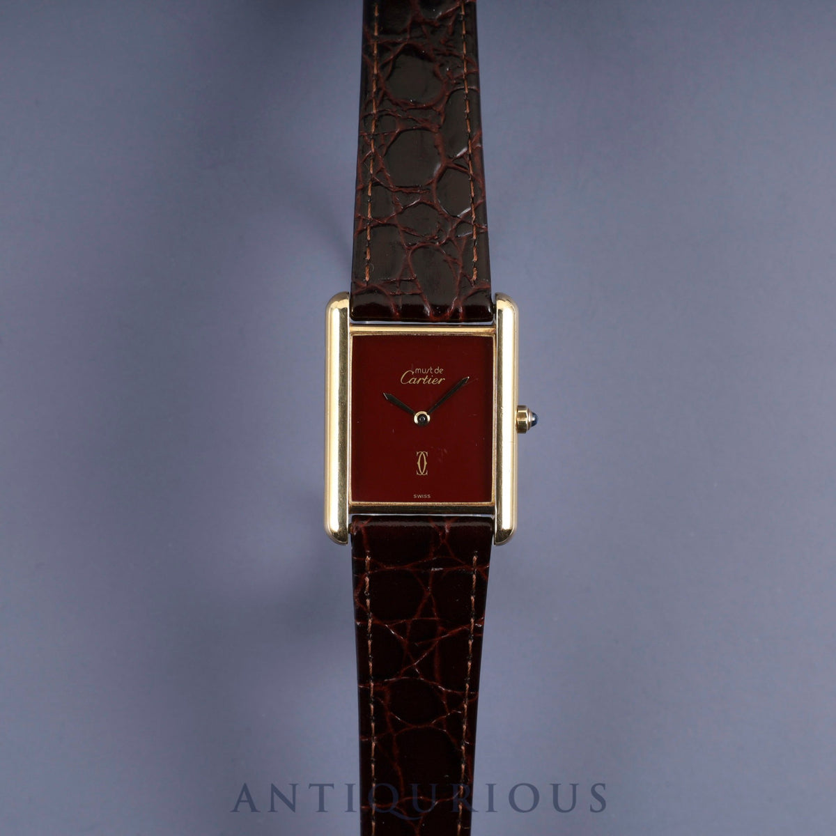 Cartier Must Tank LM 6 81006 Quartz SV925 Leather Strap with Genuine GP Buckle Garnet Dial Bordeaux Dial Completely Serviced (Full Maintenance) at a Cartier Boutique