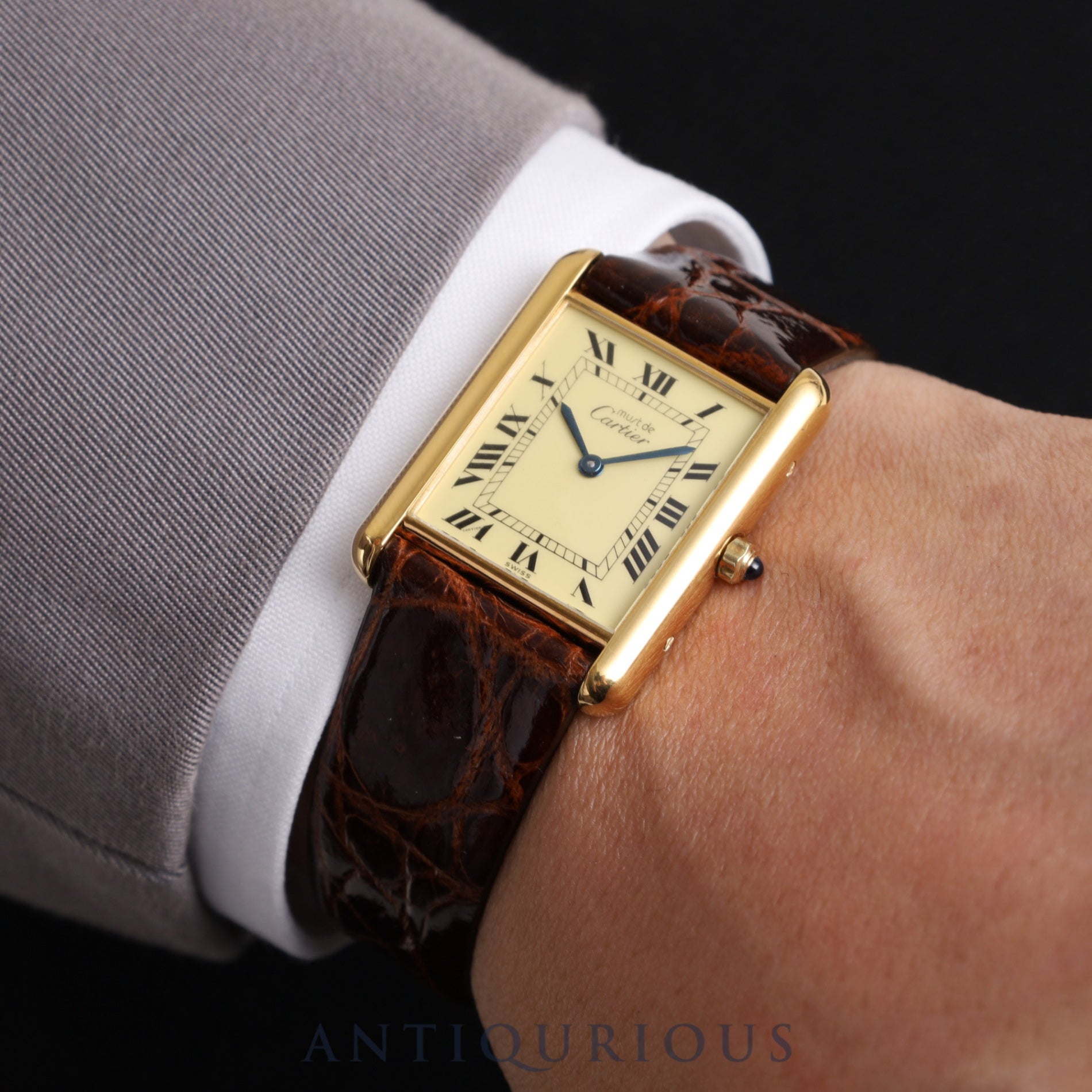 Cartier Must Tank LM 6 81006 Quartz Cal.81 SV925 Leather Genuine Buckle (GP) Ivory Roman Dial Box Overhauled