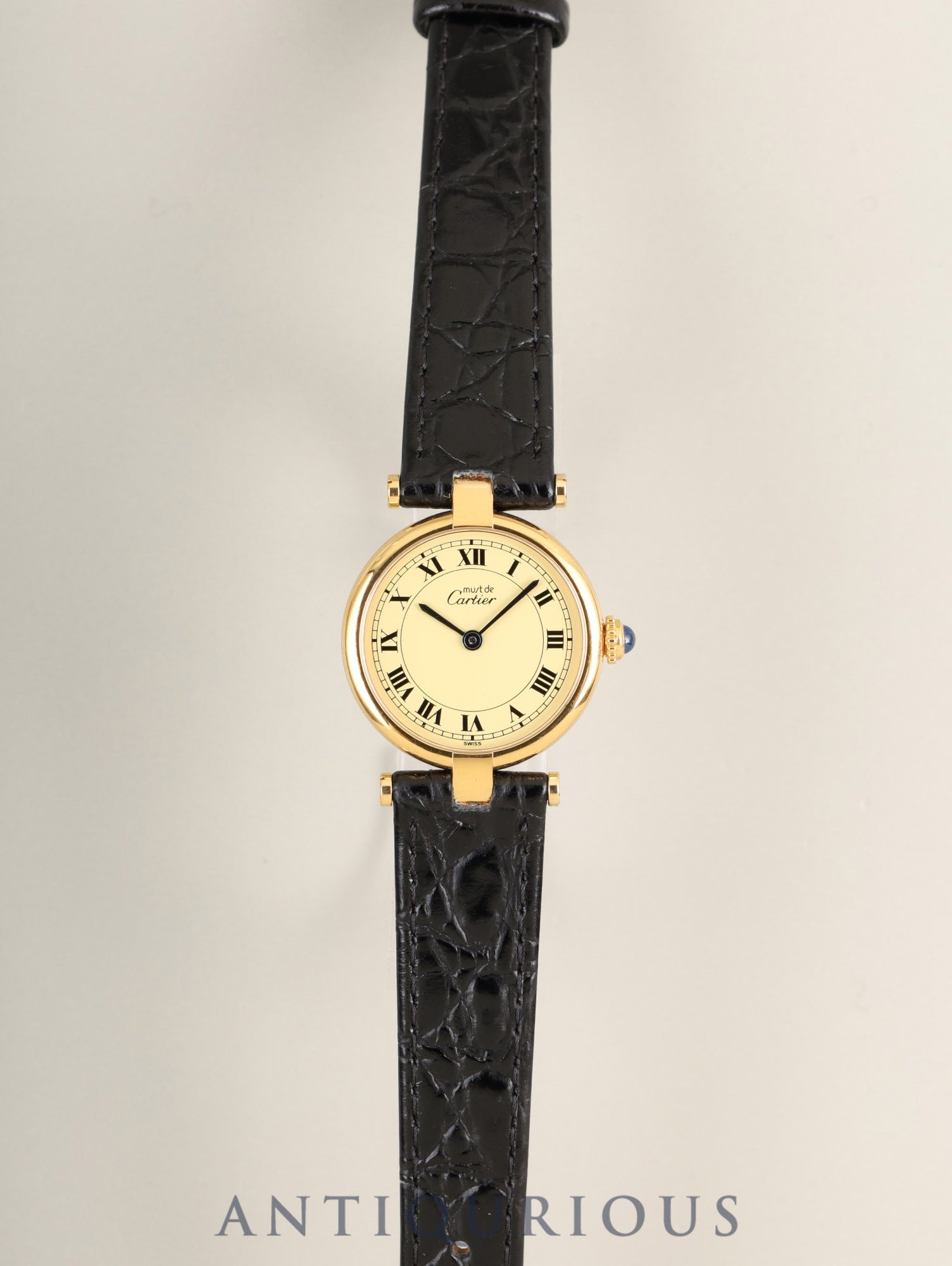 カルティエ マスト ヴァンドーム VLC SM 590004 クォーツ Cal.90 SV925 革 純正ピンバックル（GP）アイボリーローマン文字盤 箱 タグ 冊子 保証書（1991年）オーバーホール済み